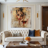 Арт деко картина на платно с мотив жена, лице, религиозен мотив, хора в бежово-златно нюанси, красота, подходяща за хол | Елегантна картина жени Очарователна múza – продукт