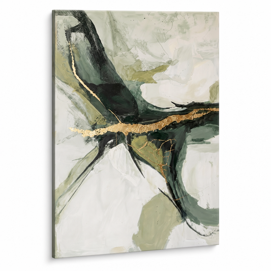 Ръчно рисувано платно с абстрактни форми в зелено, черно и златно, видимо опънато на дървена рамка, Papilora.