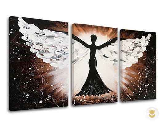 Модерна картина на платно с мотив ангел, силует, пейзаж, карта, религиозен мотив в бяло-черно нюанси, етерична атмосфера, подходяща за хол – основна