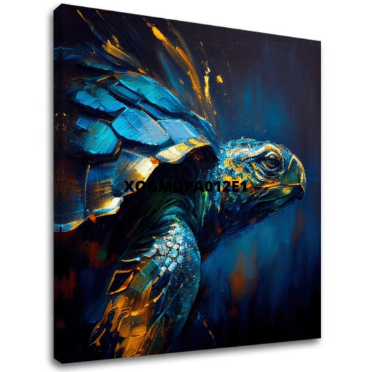 Поп арт картина на платно с мотив PREMIUM ART - Green Turtle Odyssey, океан, пейзаж, природа в синьо-златно нюанси, спокойна атмосфера, подходяща за хол – основна