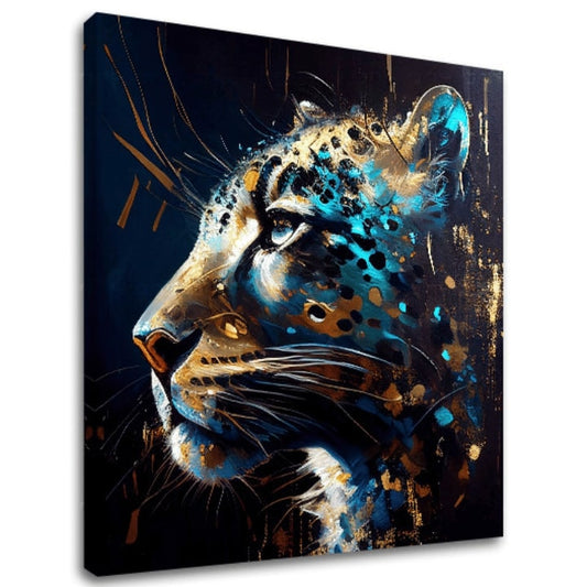 Поп арт картина на платно с мотив PREMIUM ART - Spotted Hunter's Elegance в синьо-златно нюанси, величествена атмосфера, луксозно впечатление и сила – основна