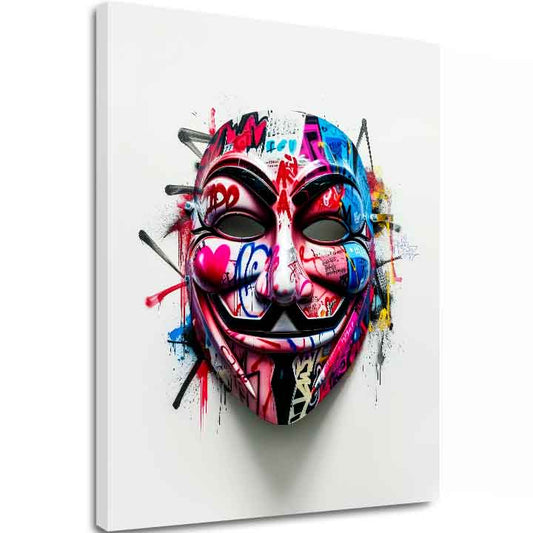 Модерна картина на платно с мотив Anonymous Mask в бяло-черно нюанси, енергична атмосфера | Картина Anonymous Mask – основна