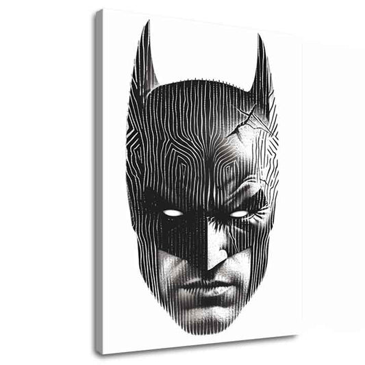 Модерна картина на платно с мотив Batman: Hlava spravodlivosti, маска в черно-бяло нюанси, интензивна атмосфера | Картина Batman: Hlava spravodlivosti – основна