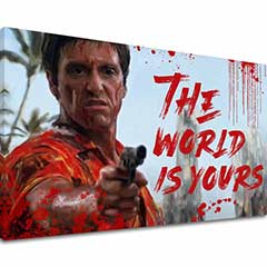 Поп арт картина на платно с мотив Krvavý Tony Montana so zbraňou v ruke, пейзаж в бяло-червено нюанси, сила и мощ | Scarface картина на платно Krvavý Tony Montana so zbraňou v ruke – основна