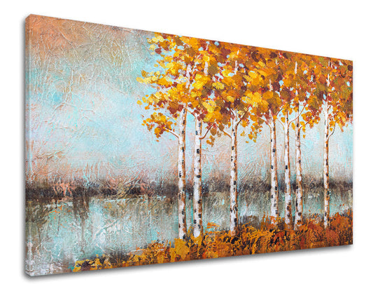 Модерна картина на платно с мотив езеро, небе, природа в синьо-оранжево нюанси, спокойна атмосфера, природа и самота, подходяща за коридор – продукт