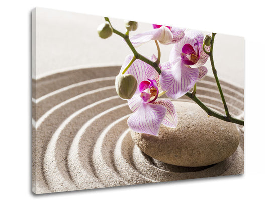 Класическа картина на платно с мотив FENG SHUI, орхидея, зен градина, цветя, карта в бежово-розово нюанси, спокойна атмосфера, подходяща за хол – продукт