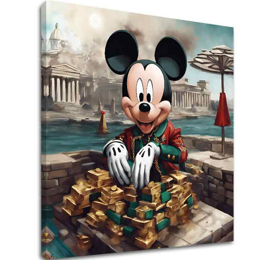 Индустриална картина на платно с мотив Mickey Mouse v Luxuse, детски мотив в златно нюанси, поп култура, подходяща за хол | Картина на платно - Mickey Mouse v Luxuse – основна