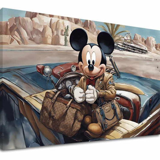 Поп арт картина на платно с мотив Štýlový Mickey Mouse, автомобил, пътнически мотив в синьо-червено нюанси, приключение и носталгия – основна