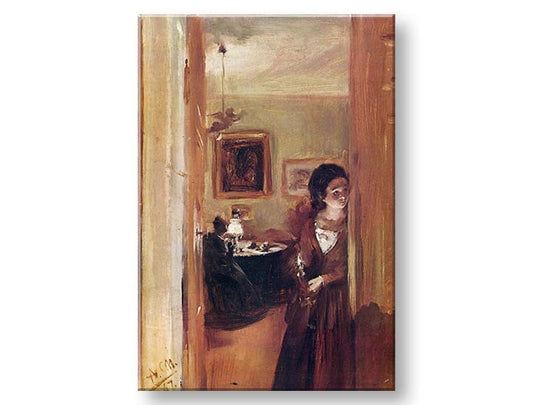Модерна картина на платно с мотив Adolf Menzel - Obývačka s umelcovou sestrou в кремаво нюанси, интимна атмосфера | Картина на платно Adolf Menzel - Obývačka s umelcovou sestrou – продукт