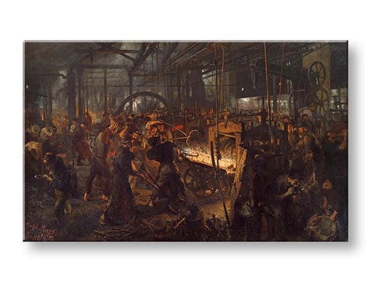 Модерна картина на платно с мотив Adolph Menzel - Valcovňa železa в черно-жълто нюанси | Картина на платно Adolph Menzel - Valcovňa železa – продукт
