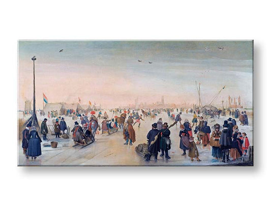 Модерна картина на платно с мотив Hendrick Avercamp - Zábava na lade v meste, птици в кафяво нюанси, жизнена атмосфера | Картина на платно Hendrick Avercamp - Zábava na lade v meste – продукт
