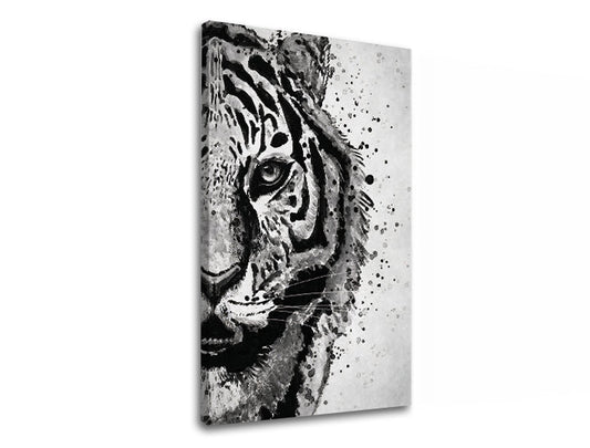 Модерна картина на платно с мотив TIGER 001, тигър, пейзаж в бяло-сиво нюанси, интензивна атмосфера, природа и сила, подходяща за работен кабинет – продукт