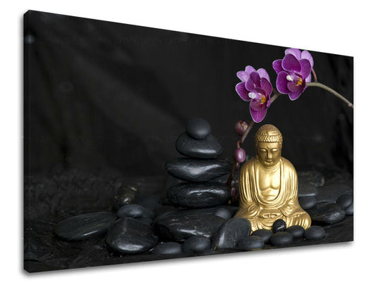 Класическа картина на платно с мотив FENG SHUI в виолетово-златно нюанси, спокойна атмосфера, вътрешен мир, подходяща за хол | Картина за стена FENG SHUI – основна
