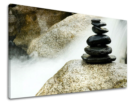 Класическа картина на платно с мотив FENG SHUI, водопад, мъгла, архитектура, детски мотив в бяло-сиво нюанси, спокойна атмосфера, подходяща за хол – основна