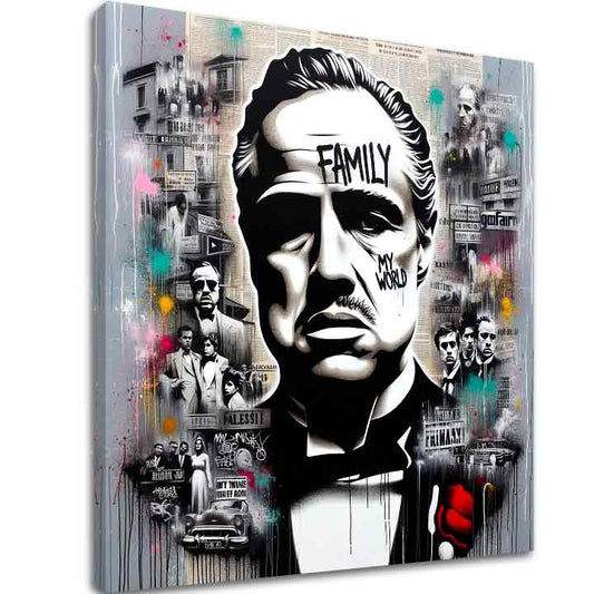 В бохо стил картина на платно с мотив The Godfather - Mafiánsky Boss, карта в бяло-сиво нюанси, сила и мощ и филмов свят, подходяща за офис – основна