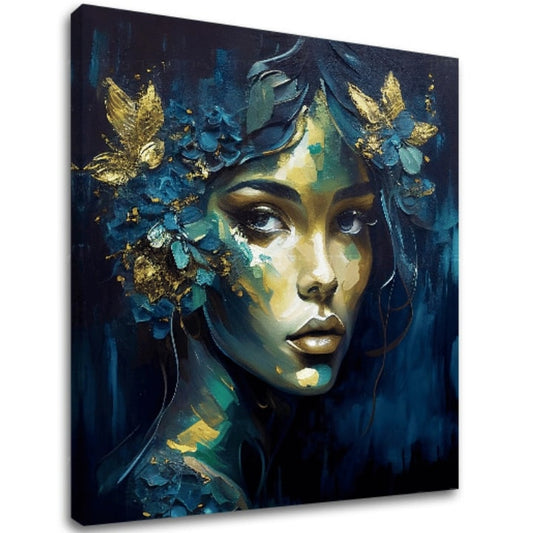 Арт деко картина на платно с мотив Feminine Grace in Motion, цветя, пеперуди, златни акценти, природа в синьо-зелено нюанси, подходяща за работен кабинет – основна