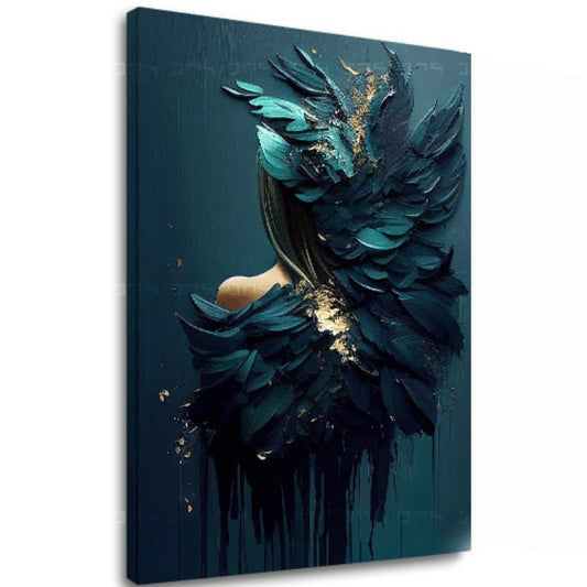 Арт деко картина на платно с мотив Feminine Touch of Angelic Beauty, златни акценти в синьо-зелено нюанси, меланхолична атмосфера, подходяща за работен кабинет – основна