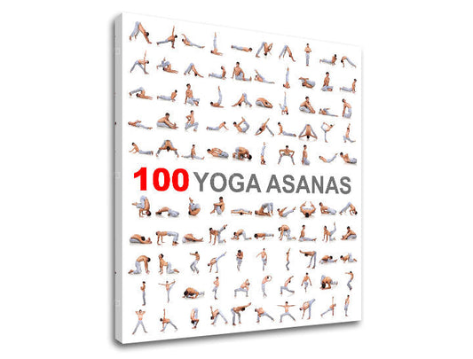 Модерна картина на платно с мотив 100 Yoga asanas, мотивационен цитат в бяло-сиво нюанси, вътрешен мир | Мотивационна картина за стена 100 Yoga asanas – продукт