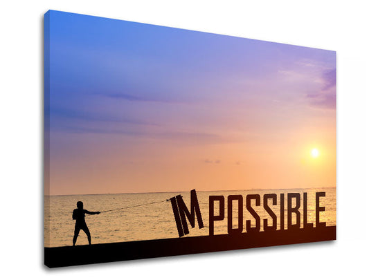 В бохо стил картина на платно с мотив Impossible, залез, океан, пейзаж, море и плаж в виолетово-синьо нюанси, вдъхновяваща атмосфера – продукт
