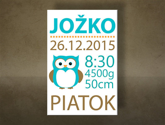 Геометрична картина на платно с мотив бухал, природа в бяло-синьо нюанси, семейство, подходяща за работен кабинет | Náš chlapček Картина за стена s textom – основна