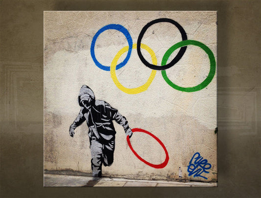 В бохо стил картина на платно с мотив Street ART – Banksy в многоцветн нюанси, градска атмосфера, детство и градски живот, подходяща за офис – основна