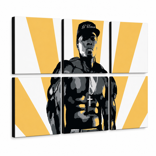 Ръчно рисувана картина POP Art 50 цента 6 парчета 50 цента – 3D визуализация на ръчно рисувано платно на бял фон. Доминиращи цветове: жълто, черно, бяло, сиво.