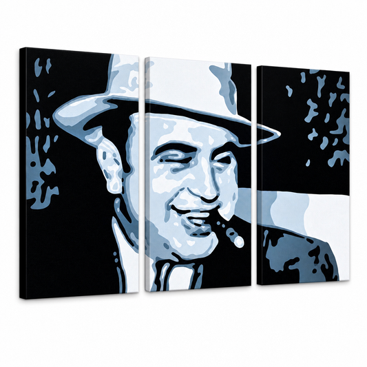 Ръчно рисувана картина POP ART AL CAPONE – 3D визуализация на ръчно рисувано платно на бял фон. Доминиращи цветове: черно, синьо, бяло.