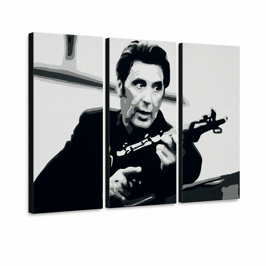Ръчно рисувана картина POP Art AL PACINO 3 парчета al4 – 3D визуализация на ръчно рисувано платно на бял фон. Доминиращи цветове: черно, бяло, сиво.