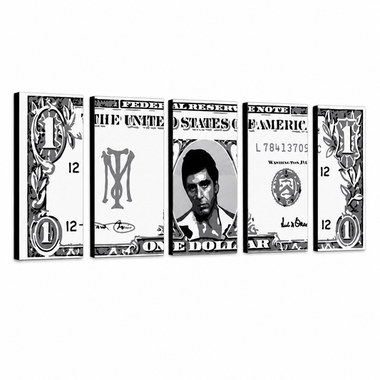 Ръчно рисувана картина POP Art AL PACINO 5 парчета al3 – 3D визуализация на ръчно рисувано платно на бял фон. Доминиращи цветове: черно, бяло, сиво.