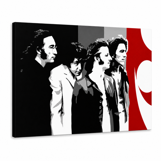 Ръчно рисувана картина POP Art BEATLES 1 брой beat7 – 3D визуализация на ръчно рисувано платно на бял фон. Доминиращи цветове: черно, бяло, червено, сиво.