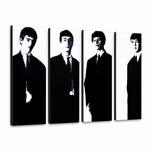 Ръчно рисувана картина POP Art Beatles 4 броя bea3 – 3D визуализация на ръчно рисувано платно на бял фон. Доминиращи цветове: черно, бяло, сиво.