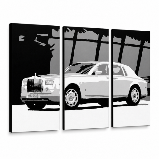 Ръчно рисувана картина POP Art BENTLEY 3 парчета – 3D визуализация на ръчно рисувано платно на бял фон. Доминиращи цветове: бяло, черно, сиво.