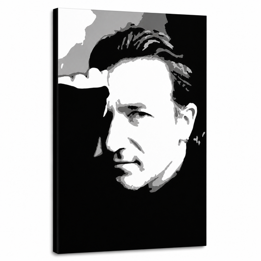 Ръчно рисувана картина POP Art Bono-U2 1 брой bono – 3D визуализация на ръчно рисувано платно на бял фон. Доминиращи цветове: черно, бяло, сиво.