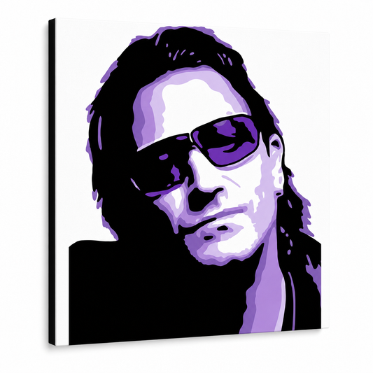 Ръчно рисувана картина POP Art Bono-U2 1 брой bono3 – 3D визуализация на ръчно рисувано платно на бял фон. Доминиращи цветове: черно, лилаво, бяло.
