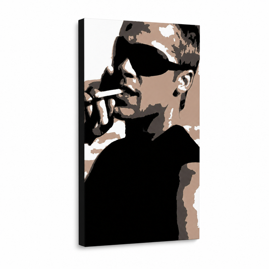 Ръчно рисувана картина POP Art Brad Pitt 1 брой bp – 3D визуализация на ръчно рисувано платно на бял фон. Доминиращи цветове: черно, кафяво, бяло.