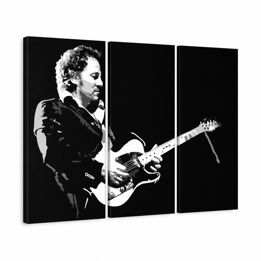 Ръчно рисувана картина POP Art Bruce Springsteen 3 парчета bs – 3D визуализация на ръчно рисувано платно на бял фон. Доминиращи цветове: черно, бяло, сиво.