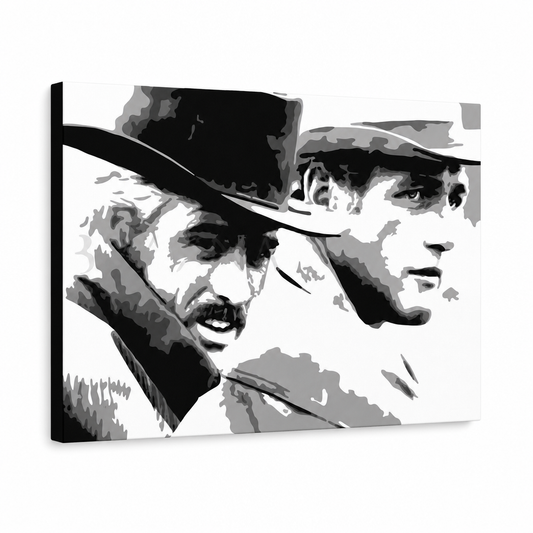 Ръчно рисувана картина POP Art Butch Cassidy 1 брой bc – 3D визуализация на ръчно рисувано платно на бял фон. Доминиращи цветове: черно, бяло, сиво.