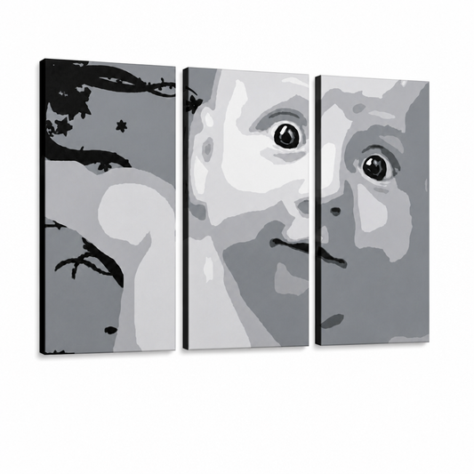 Ръчно рисувана картина POP Art CHILD 3 части дете – 3D визуализация на ръчно рисувано платно на бял фон. Доминиращи цветове: бяло, черно, сиво.