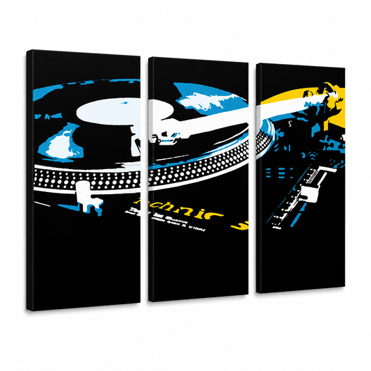 Ръчно рисувана картина POP Art DJ 3 парчета dj3 – 3D визуализация на ръчно рисувано платно на бял фон. Доминиращи цветове: черно, синьо, жълто, бяло.