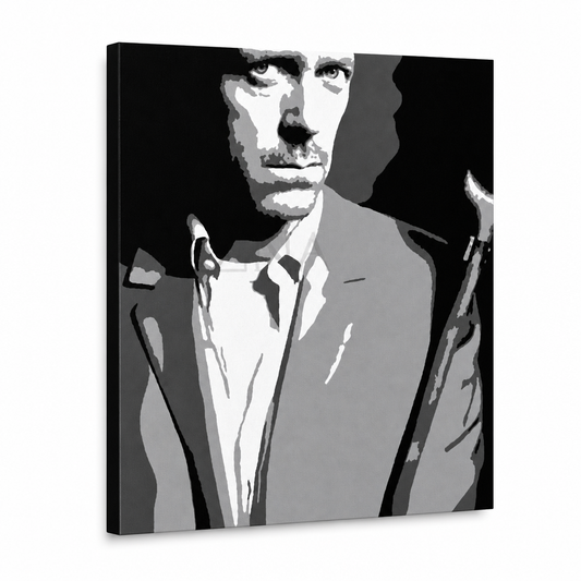 Ръчно рисувана картина POP Art Dr. HOUSE 1 брой dh2 – 3D визуализация на ръчно рисувано платно на бял фон. Доминиращи цветове: черно, бяло, сиво.