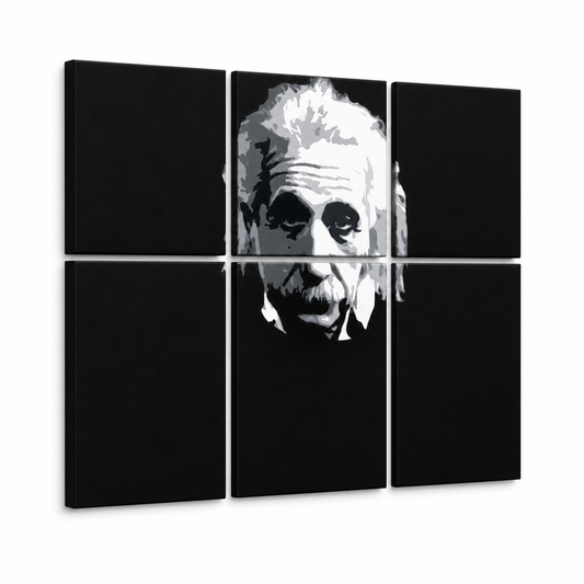 Ръчно рисувана картина POP Art Einstein 6 части einstein – 3D визуализация на ръчно рисувано платно на бял фон. Доминиращи цветове: черно, бяло, сиво.