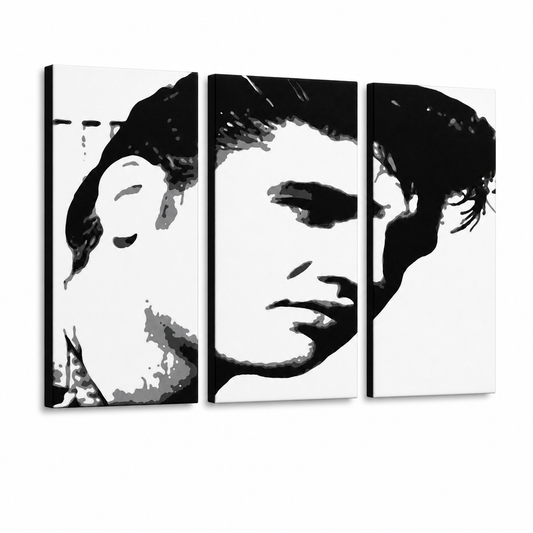 Ръчно рисувана картина POP Art ELVIS 3 парчета – 3D визуализация на ръчно рисувано платно на бял фон. Доминиращи цветове: черно, бяло, сиво.
