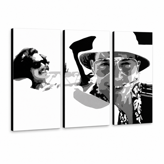 Ръчно рисувана картина POP Art Fear and Loathing in Las Vegas 3 броя лв. – 3D визуализация на ръчно рисувано платно на бял фон. Доминиращи цветове: черно, бяло, сиво.