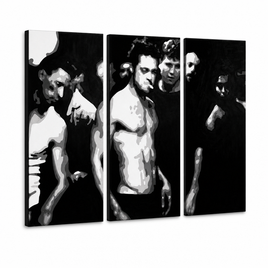 Ръчно рисувана картина POP Art Fight Club 3 броя fc – 3D визуализация на ръчно рисувано платно на бял фон. Доминиращи цветове: черно, бяло, сиво.
