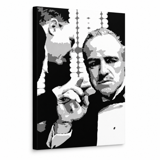 Ръчно рисувана картина POP Art GODFATHER 1 брой gfoh – 3D визуализация на ръчно рисувано платно на бял фон. Доминиращи цветове: черно, бяло, сиво.