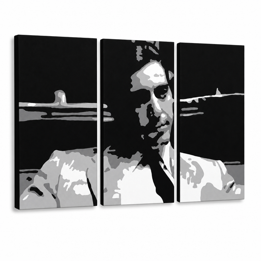 Ръчно рисувана картина POP Art GODFATHER 3 парчета god6 – 3D визуализация на ръчно рисувано платно на бял фон. Доминиращи цветове: черно, бяло, сиво.