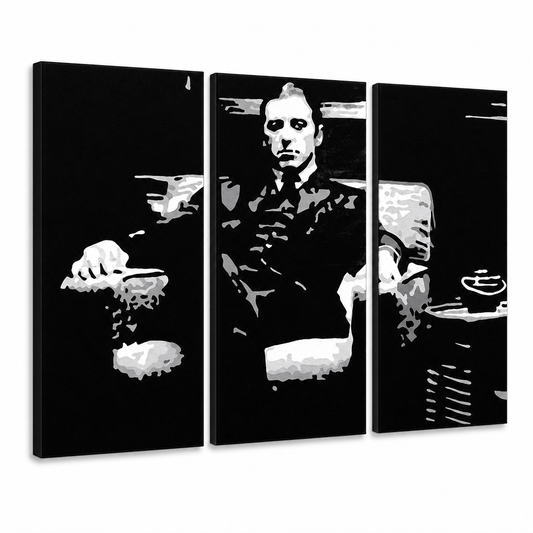 Ръчно рисувана картина POP Art GODFATHER 3 парчета god8 – 3D визуализация на ръчно рисувано платно на бял фон. Доминиращи цветове: черно, бяло, сиво.
