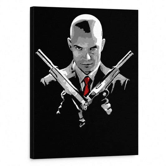 Ръчно рисувана картина POP Art HITMAN hit – 3D визуализация на ръчно рисувано платно на бял фон. Доминиращи цветове: черно, червено, сиво.