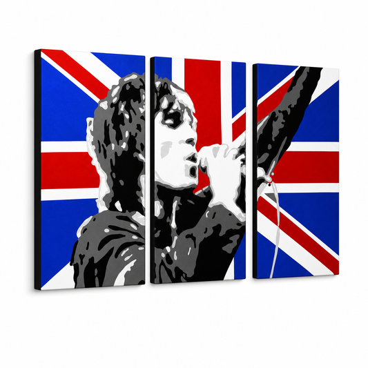 Ръчно рисувана картина POP Art Ian Brown 3 парчета ib4 – 3D визуализация на ръчно рисувано платно на бял фон. Доминиращи цветове: черно, червено, синьо, бяло, сиво.
