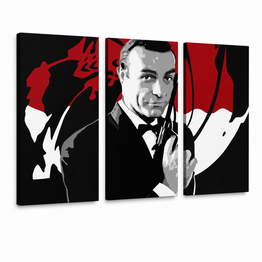 Ръчно рисувана картина POP Art James Bond 3 части bond2 – 3D визуализация на ръчно рисувано платно на бял фон. Доминиращи цветове: черно, червено, бяло.